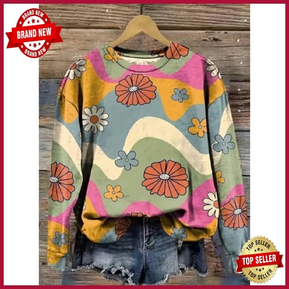 Cotton Blend Floral Sweatshirt Women's Long Sleeve Boho Pullover Loose Fit - Picture 3 of 4